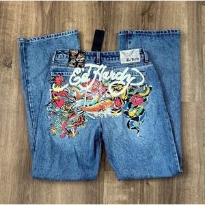 NWT Ed Hardy Multi Tattoo Low Waist Baggy Jeans Women's Jeans Size 32 Y2K Sk8